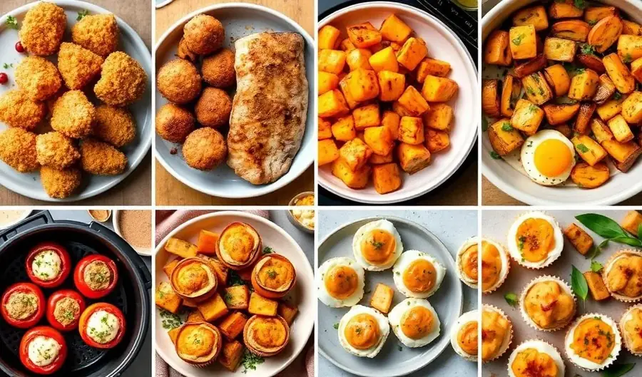 Koláž lahodných jídel připravených ve fritéze na horký vzduch